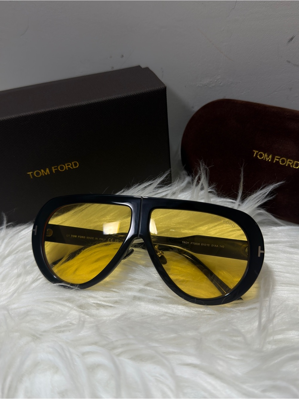 Tom Ford Men’s Black Frame with Yellow Lenses Pilot Sunglasses